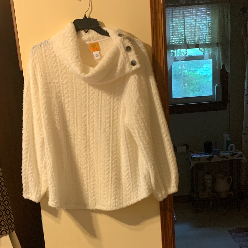 Ruby Rd. White Cowl Neck Sweater with Button Accents